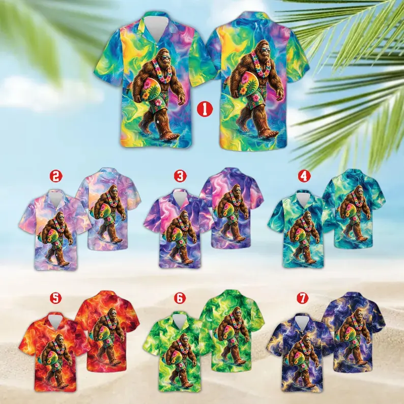 Bigfoot Summer Hawaiian Shirt, Funny Sasquatch Aloha Shirt, Tropical Beach Vacation Cruise Shirt, Neon Surf Luau Party Button Up