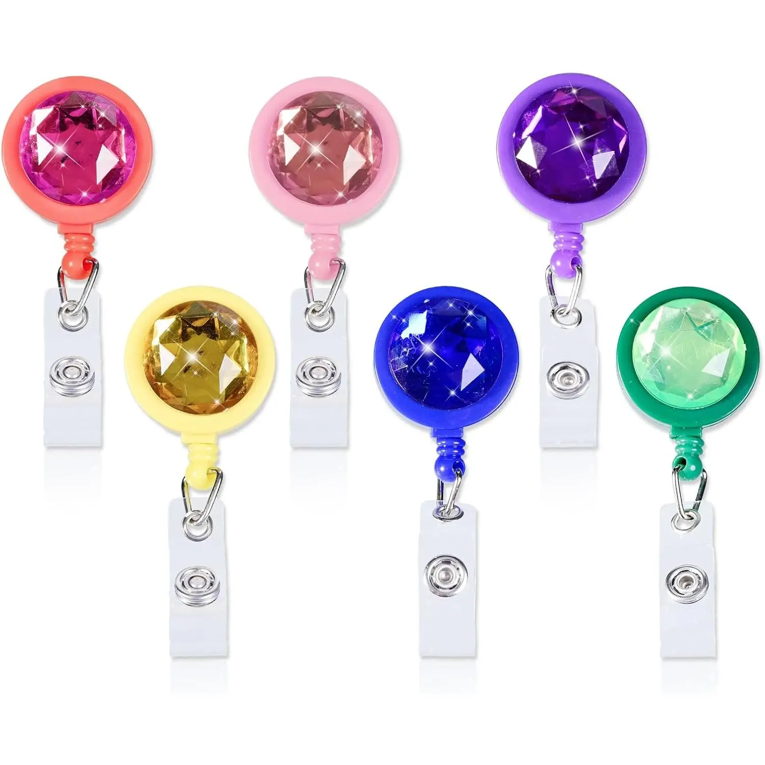 6 count Colorful Rhinestone Badge Reel, Decorative Work Badge Holder with Retractable Clip, Sparkly Nurse Accessories Name Tag ID Clip Holder for Work Badge, Teacher, Student & Office