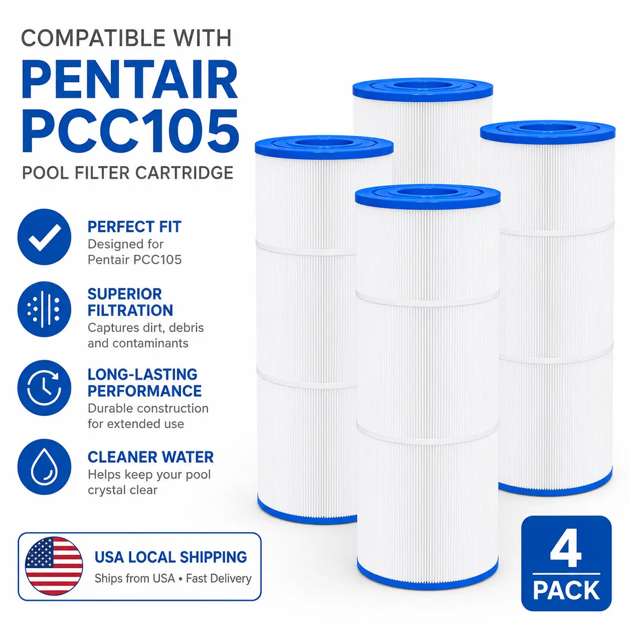 CCP420 Pool Filter Cartridges Compatible with Pentair Clean & Clear Plus 420, Replacement for Pentair R173576, C-7471, 178584, Pleatco PCC105-PAK4, 4×105 sq.ft, 4 Pack