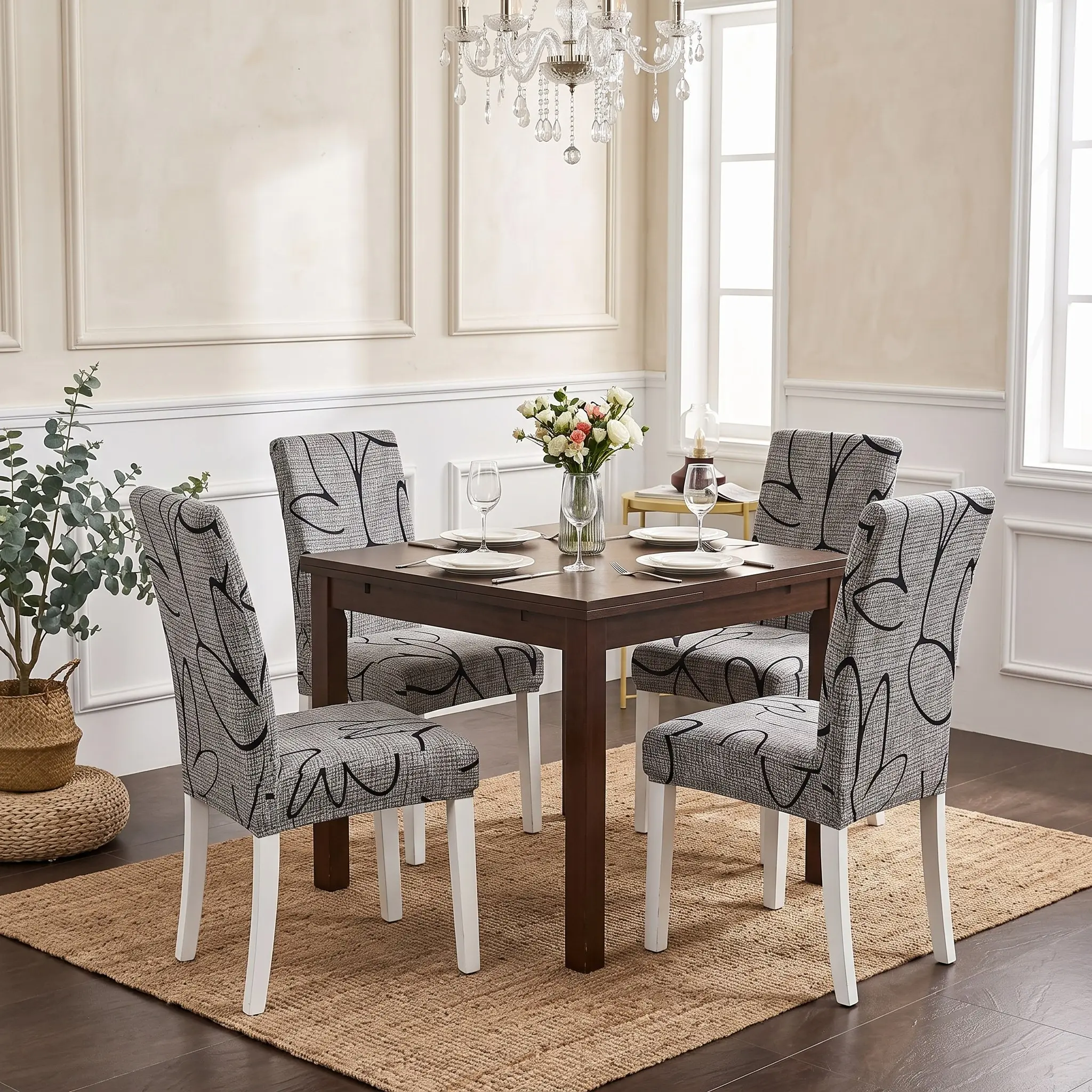 4/6 Pcs Floral Chair Covers, Elastic Fabric, Elegant Comfort, Home & Commercial Use, Hotel Quality, All Seasons Decor