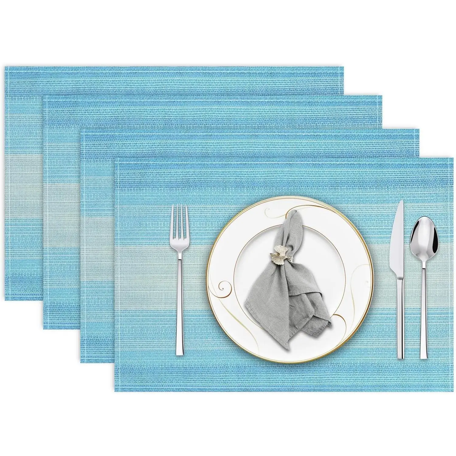 Placemats, Placemats Set of 4, 12x18 Inch Washable Place Mats Easy to Clean Heat Resistant Table Mats Wipeable Placemat for Holiday Party Kitchen Dining Table Decoration, Blue