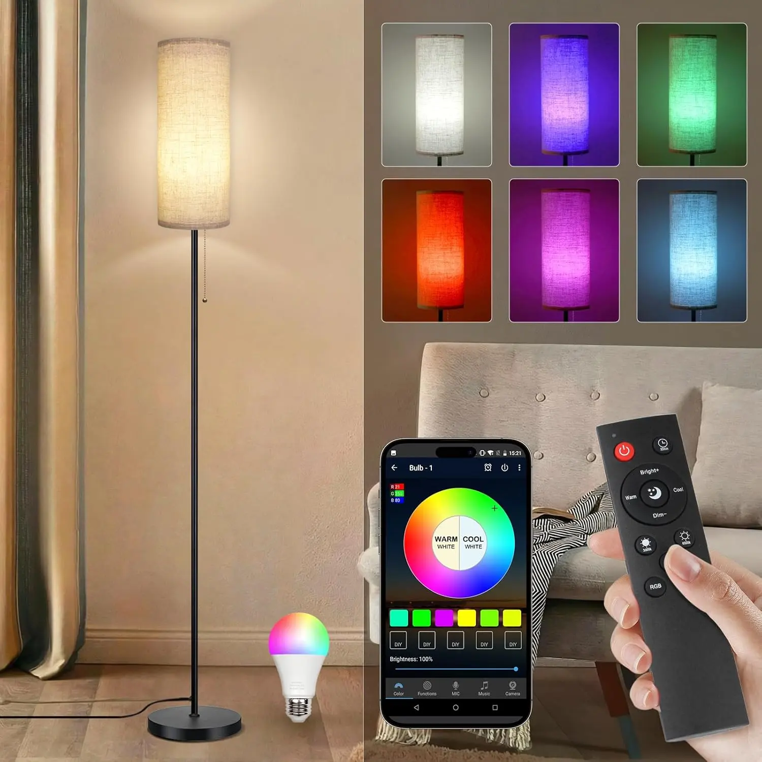 Floor Lamp for Living Room, Modern Standing Lamp with Lampshade, Minimalist Tall Lamp with Chain Switch, LED Bulb Included (Beige Shade-RGB Bulb)