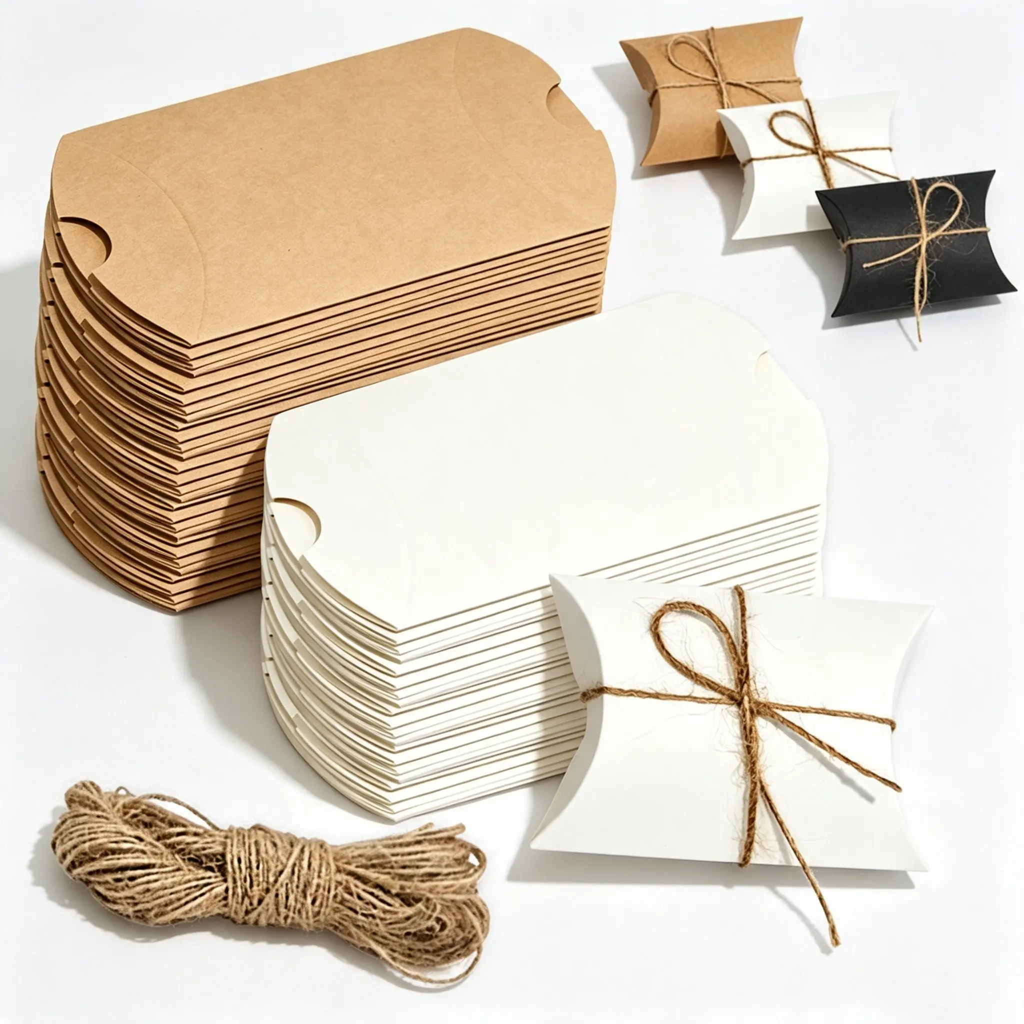 30pcs Pillow Shape Gift Boxes with Natural Jute Twine, Blank DIY Favor Boxes for Wedding, Birthday, Party, Baby Shower, Christmas Gift Wrapping, Handmade Craft Packaging for Small Gifts, Jewelry, Accessories and Celebration Decorations