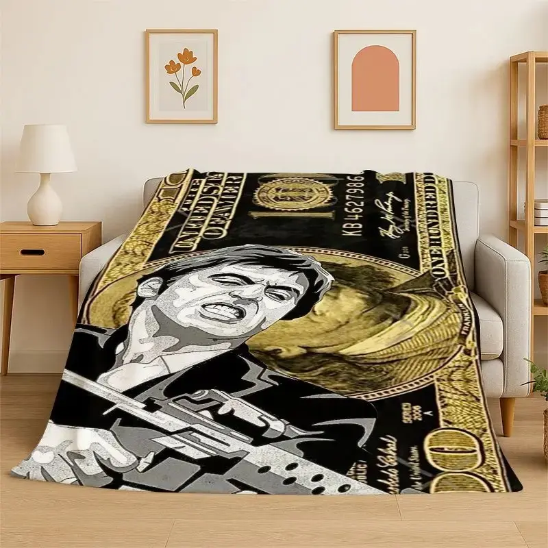 Scarface Tony Montana Flannel Throw Blanket Al Pacino 100 Dollar Bill Background Graphic Classic Gangster Movie Art Soft Fleece Blanket Man Cave Sofa Decor Gift for Scarface Fans