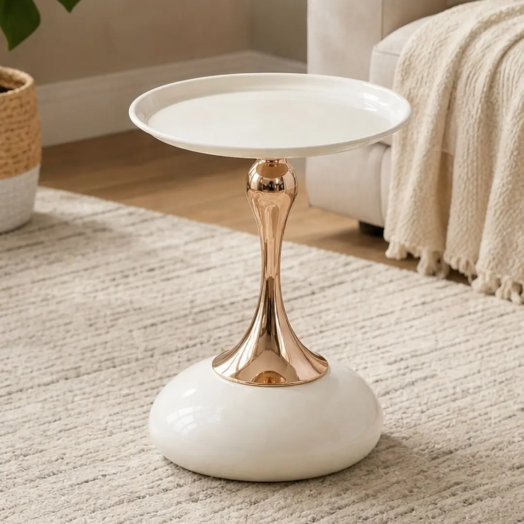 ARCH Small Round Side Table for Small Space, Milk White End Table with Carbon Steel Frame, 14.96"W x 14.96"D x 21.26"H, Modern Cocktail Table for Living Room, Bedroom, Office, Easy Assembly, Milk White Color Options, Carbon steel Material