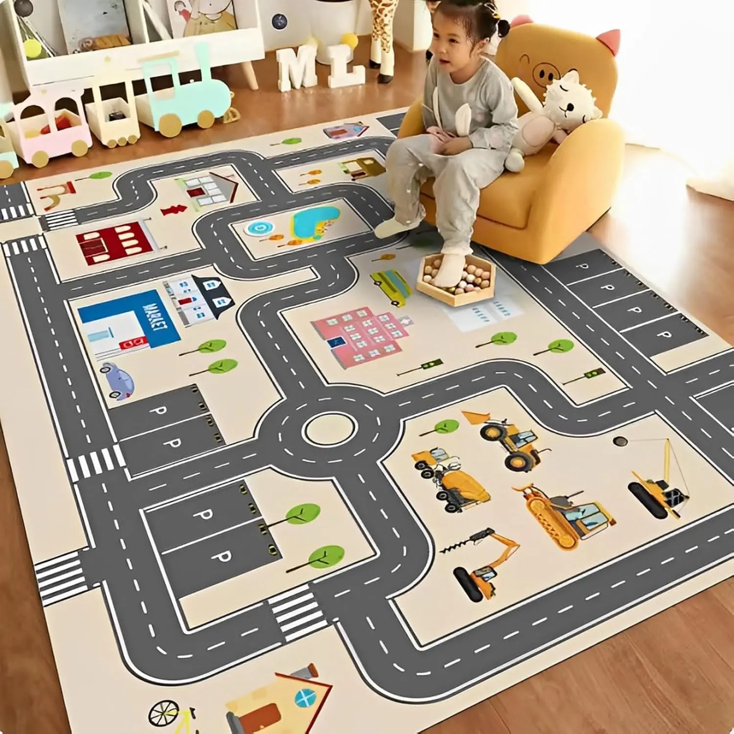 Rug Playmat with Non-Slip Rubber Backing, City Life Road Carpet,  Traffic Rugs , Track Play Mat(80×120cm/32×47in)