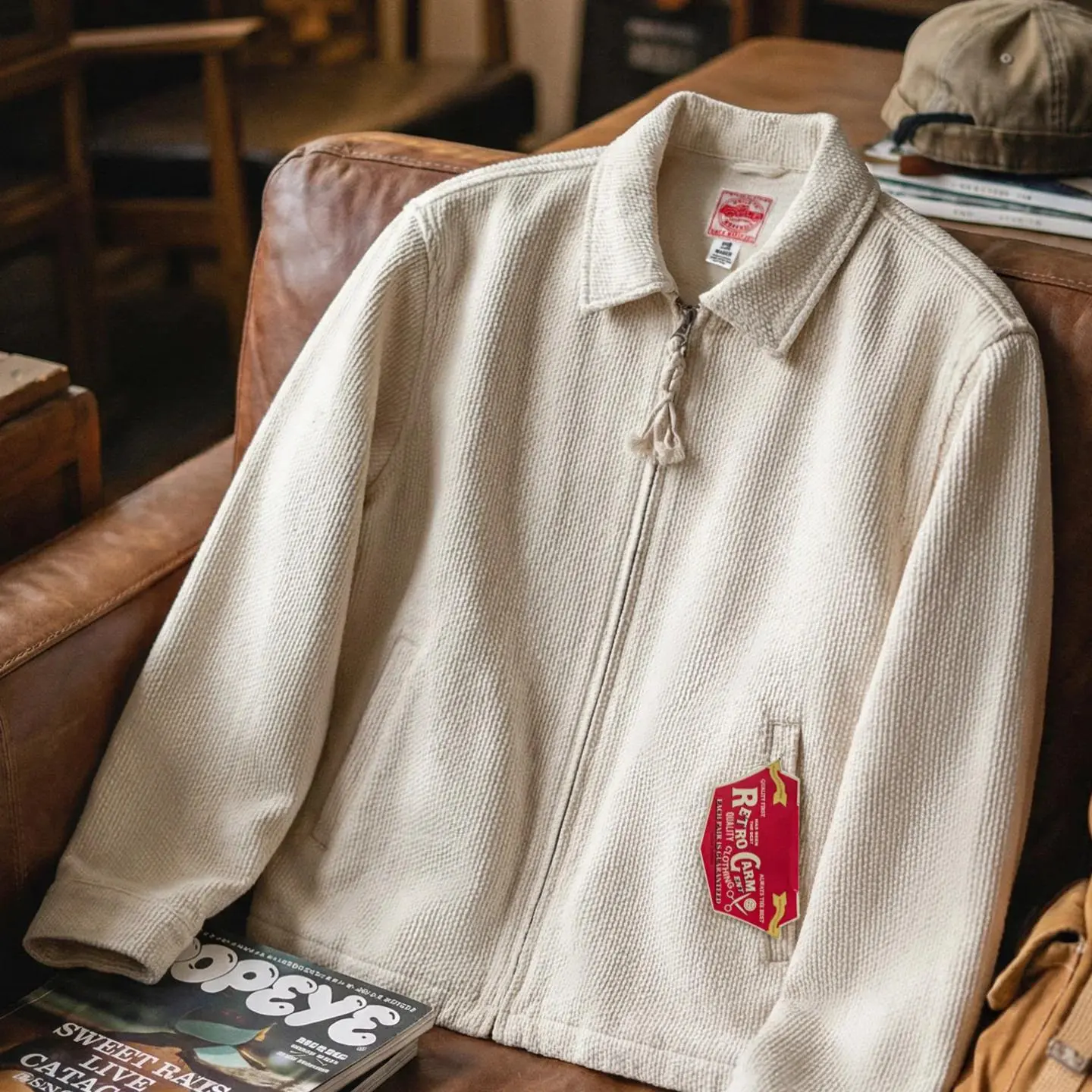 [MADENWORKS] Men's White IKE Coach Jacket, Heavyweight Cotton, Notch Collar, Cropped, Spring Autumn