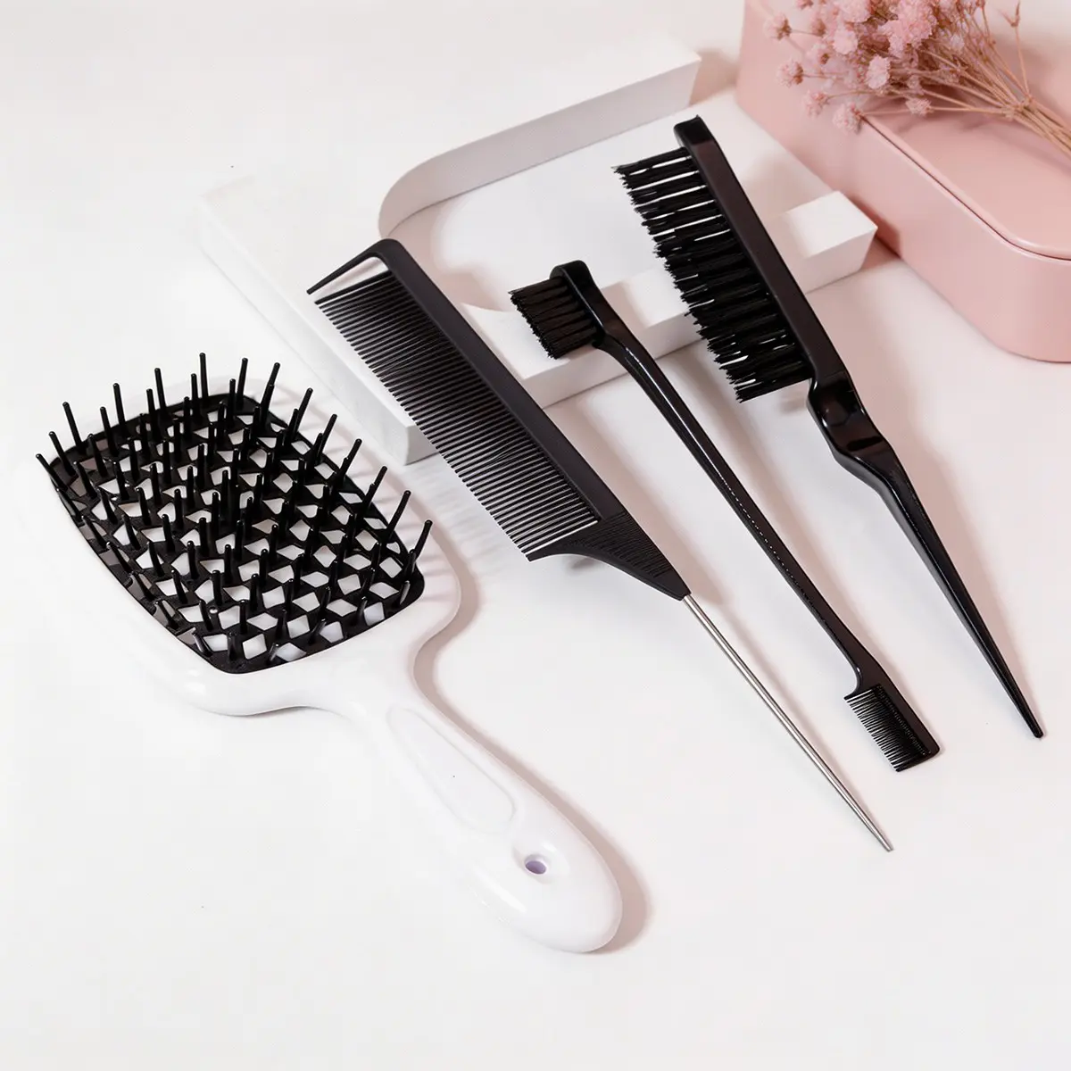 4-Piece Hair Styling Comb Set, Hollow Smooth Comb, Steel Needle Tail Comb, Edge Control Brush, Nylon Brush, Salon and Personal Use