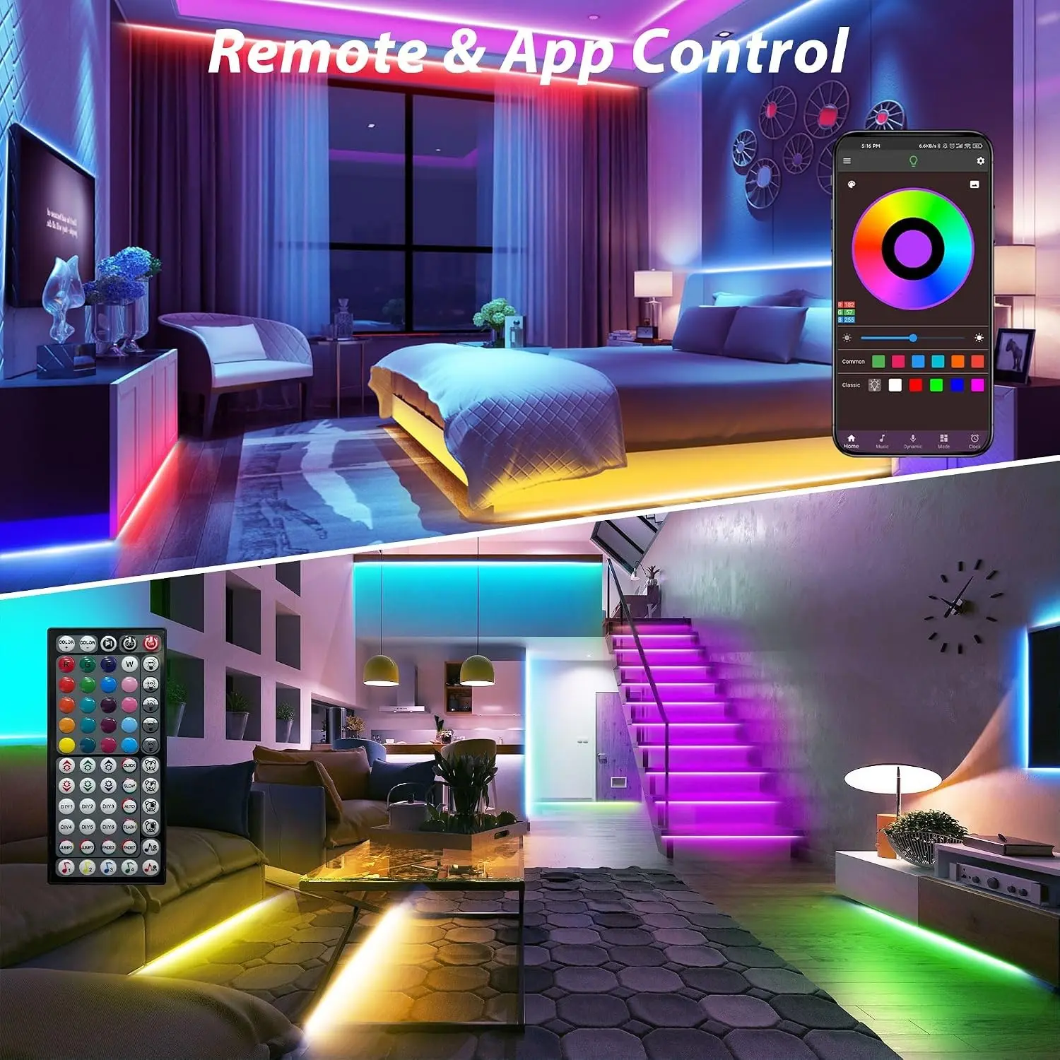 50ft RGB LED Strip Lights for Bedroom - Music Sync Color Changing with Remote and App Control, Smart LED Light Strip for Home Party Room DecorGift
