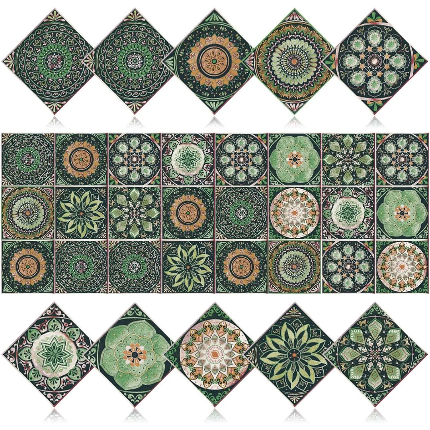 24 count Bohemian Floral PVC Peel and Stick Tile Stickers | for Kitchen Bathroom RV,  Self-Adhesive Removable Backsplash , Easy DIY Upgrade, Smooth Surfaces, 3.94x3.94in