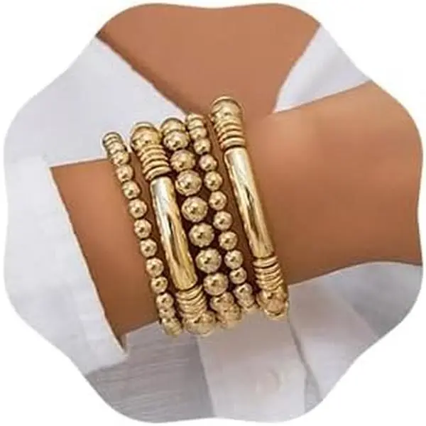 5 count Layered Beaded Bracelets Set for Women Dainty Stretch Elastic Round Ball Beads Chain Tube Bangle Bracelets Boho Stackable Bracelets Trendy  for Girls