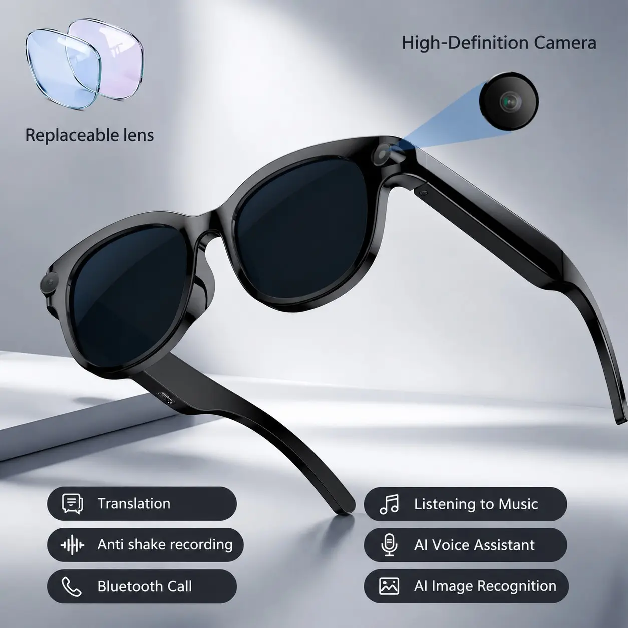 2026 Men's Ai Smart Glasses, Translation Sunglasses, Camera, Photo & Video Capture, Music Playback, Voice Assistant, Wireless Translation Glasses