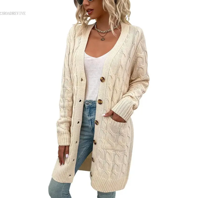 Cardigan Long Sleeve Cable Knit Sweater Open Front Loose Outwear with Pocket23ROADREVIVE