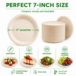 7 Inch Compostable Bagasse Disposable Party Plates, 125/250/500/1000pcs PFAS-Free Round Plates For Dessert Appetizer Catering