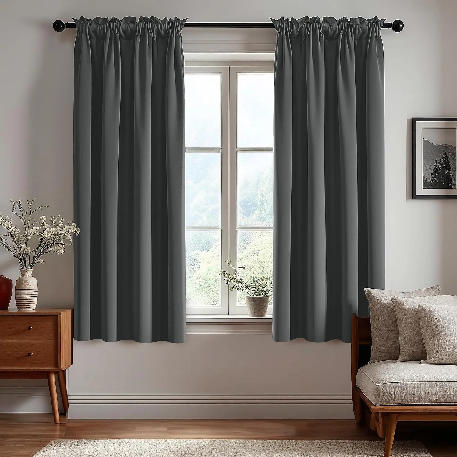 Black Out Curtains 63 Inches Long for Living Room and Bedroom| Blackout Curtains, Window Curtains & Drapes, Room Darkening, Rod, 2 Panels Set, Dark Grey, 42 x 63 Inch