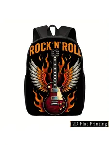 Rock Electric Guitar Flame Print Backpack Suitable for School, Travel & Daily Commute - Foldable Hand-Washable Backpack with Adjustable Straps & Zipper, Rock-Themed Bookbag for, Students (Rock Print), 2D Flat