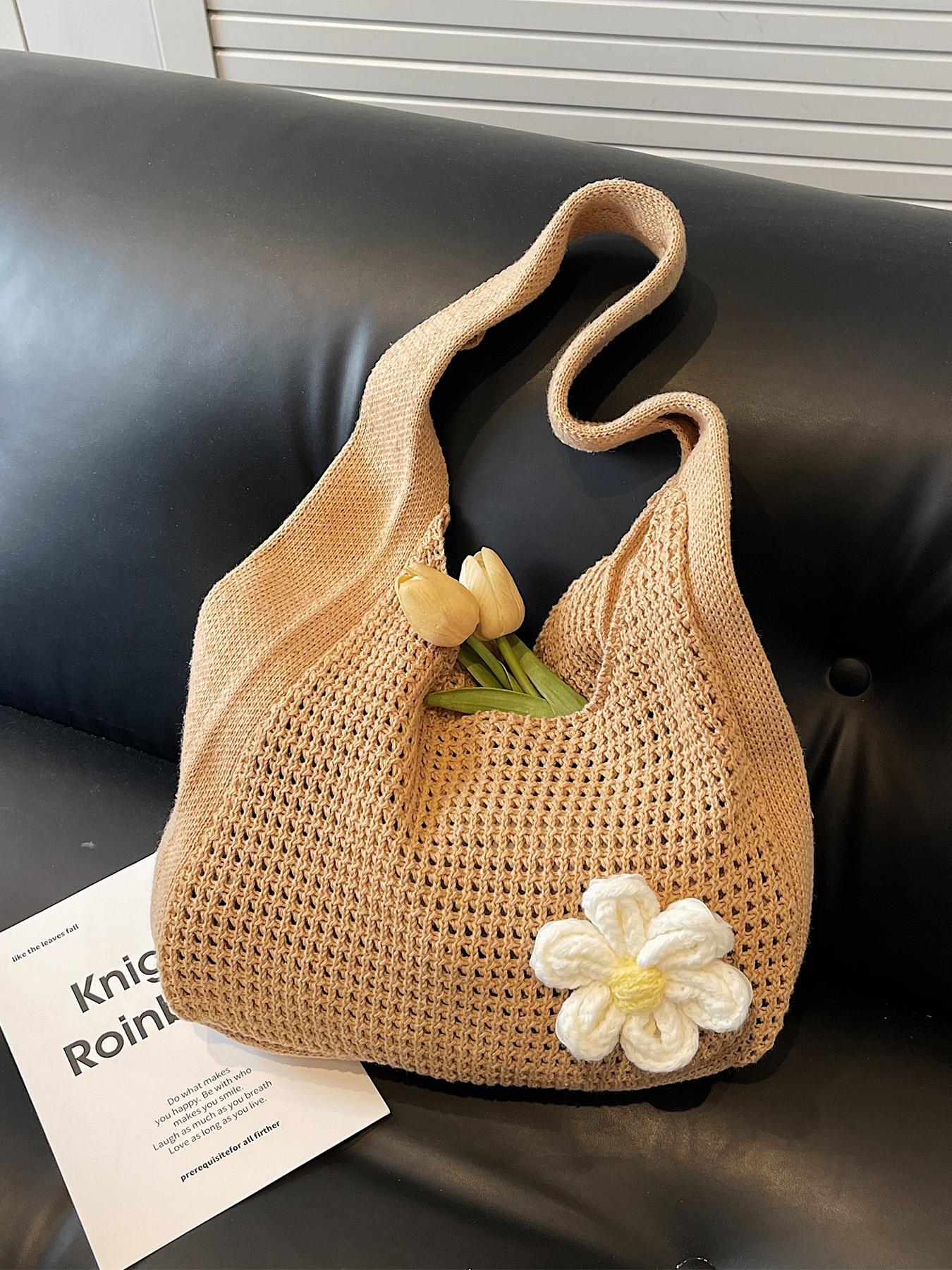 Women's Solid Color Straw Bag with Flower Decor, Fashionable Crochet Shoulder Bag Crossbody for Daily Used, Casual Trendy Versatile High-quality Daily Commuting Bag, Stylish Versatile Bag, Casual Trendy Purses