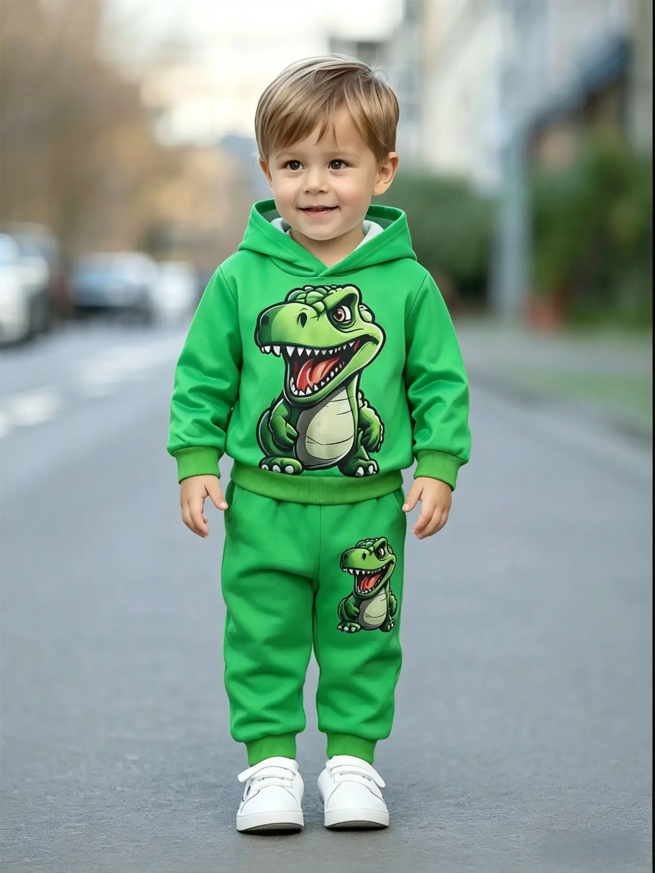 Baby Cute Dinosaur Set Hooded Sweatshirt + Drawstring Pants, Boys' Casual Play Two-Piece, Spring & Fall Loose-Fitting