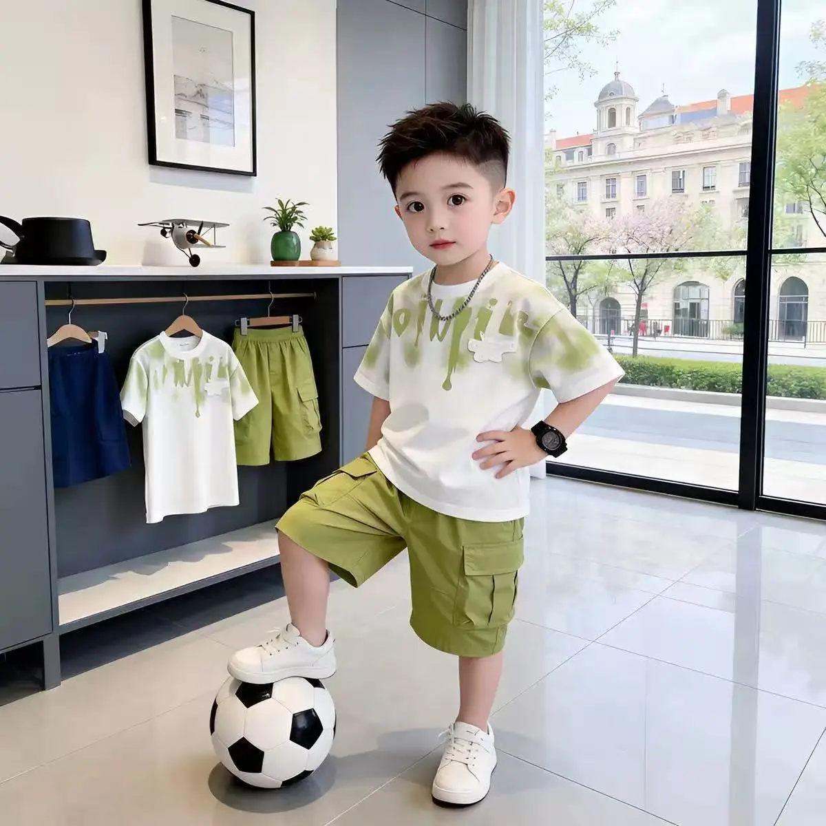 Boys' 2-Piece Short-Sleeve T-Shirt & Shorts Set - Boys Sets, Polyester Blend, Alpha Print, Cold Wash, for Kids Outdoor Play & School Activities (Spring & Summer)