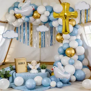 100Pcs God Prayer Theme Balloon Arch Set, Blue and White Gold Balloon Chain, Dove Cross Aluminum Foil Balloons, Baptism/Communion/Baby 100-Day Celebration Party Background Decoration