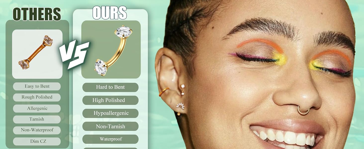 DB- 16G Ear Cartilage Piercing Jewelry, Medical Grade Steel Vertical Lip Stud, Gold Eyebrow Stud, Ear Cartilage Earrings, Women's Cartilage Bend Barbell Ear Cartilage Surface Tragus Piercing Jewelry, 14-Piece Pack-DB