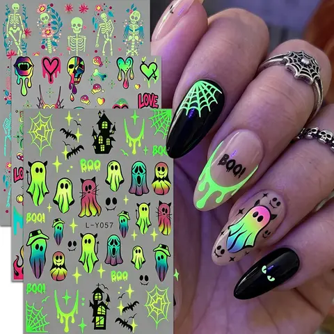 Halloween Glow-In-The-Dark Nail Art Stickers, 3D Self-Adhesive Skull Ghost Pumpkin Designs, Multicolor Manicure Supplies, Nail Art Products, Halloween Party Gifts