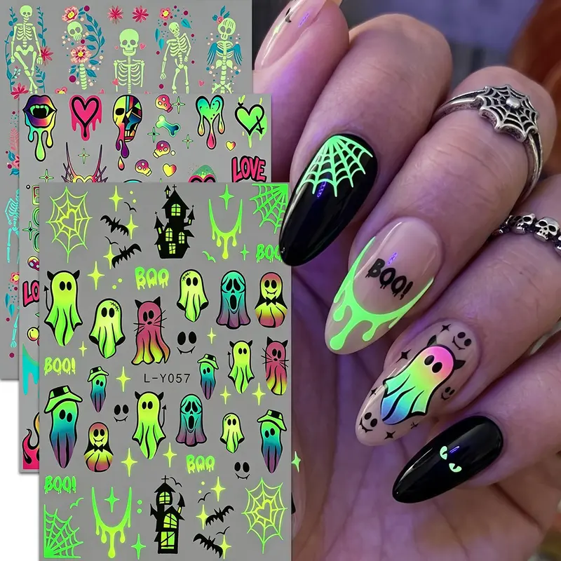 Halloween Glow-In-The-Dark Nail Art Stickers, 3D Self-Adhesive Skull Ghost Pumpkin Designs, Multicolor Manicure Supplies, Nail Art Products, Halloween Party Gifts