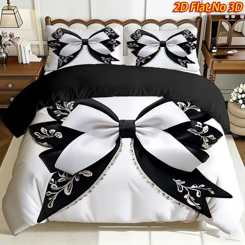 Bow Print Bedspread Set, 1 Bedspread + 2 Pillowcases, High-Definition Printing, Home & Dormitory Bedding Essentials