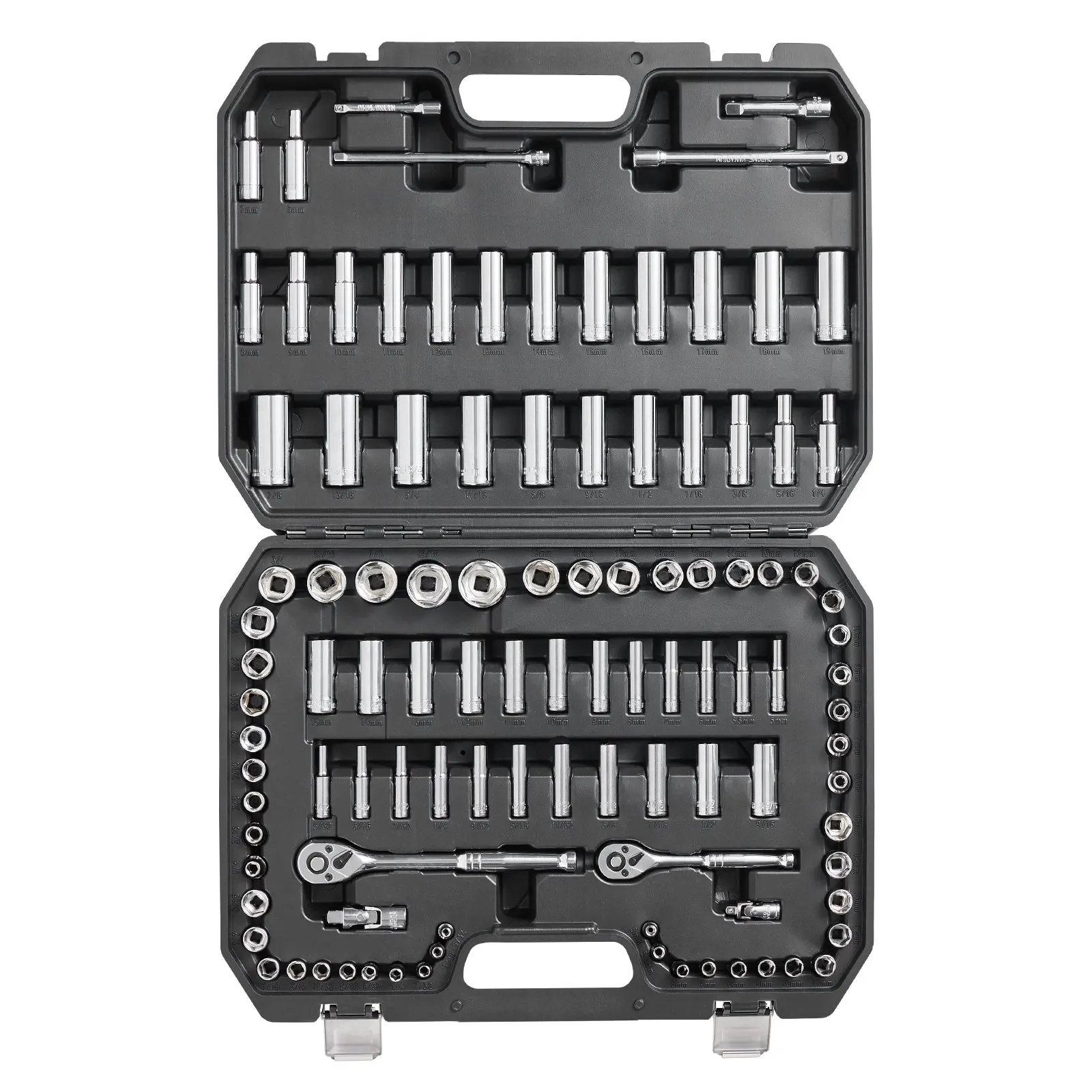 VEVOR Socket Set, 1/4" and 3/8" Drive Socket and Ratchet Set, 6-Point Socket Opening, 106 Pcs Tool Set SAE and Metric, Deep and Standard Sockets, 5/32-1 in, 5-19 mm, with Accessories, Storage Case, Auto Repair Tools, Anti-Slip Groove
