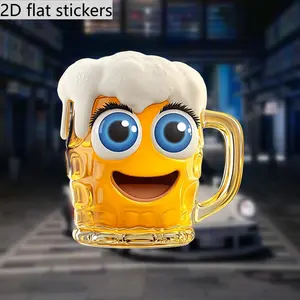 2D Flat Happy Smiley Face Beer Mug Sticker- Self-adhesive PVC vinyl decal featuring a cute smiley face, foam mustache, and golden eyebrows- Easy to apply, suitable for cars, laptops, refrigerators- Temporary party decoration(2D flat)