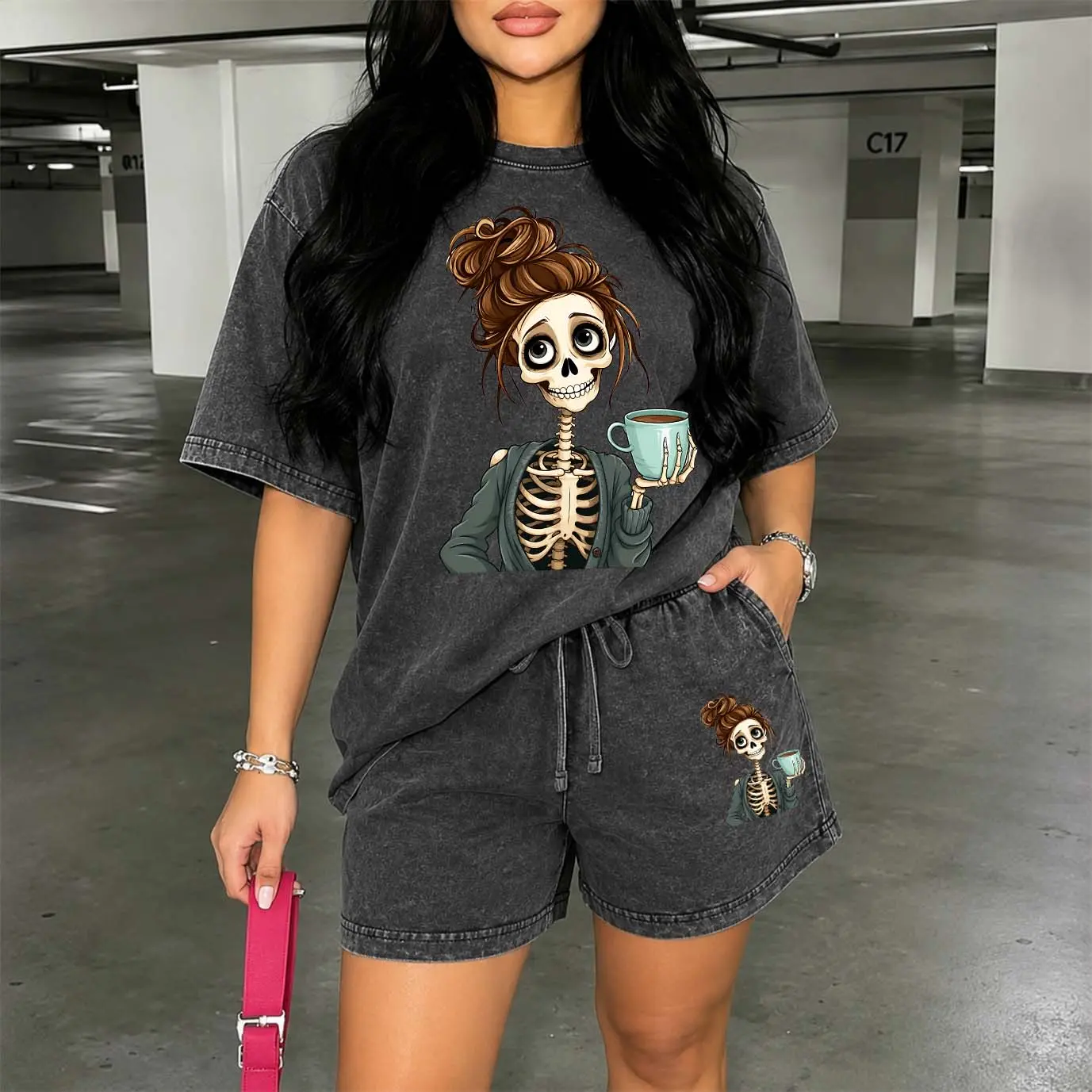 Women's Washed Cotton Shorts Two-Piece Set: A Uniquely Styled Halloween Ghost-Themed Party Outfit. Featuring "Illustration Of A Skull Drinking Coffee Patterns, And Pumpkin Designs. Also Suitable As Casual Summer Loungewear.