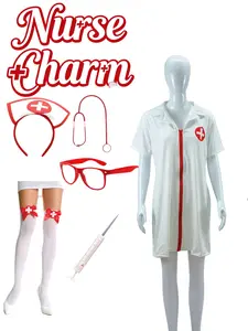 Nurse Cosplay Costume Set, Zipper Nurse Dress, Nurse Headband, Stethoscope, Syringe Props, Frame Glasses, Cross Anklets, Halloween Party