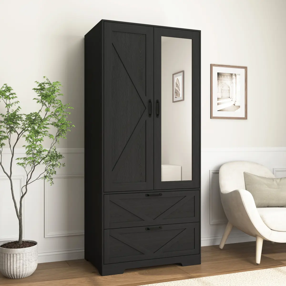 Aobtkel Modern Particle Board 2-Door Wood Wardrobe - Bedroom Single Unit Closet with Built-in Induction Light, Hanging Rod, 2 Drawers, Mirror & Large Space Storage Organization, Black
