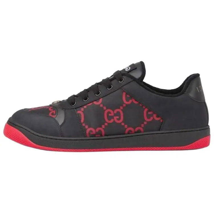 Men's Gucci GG Round-Toe Lace-Up Low-Top Retro Trainer Sneakers - Black & Red Trending Athletic Casual Footwear, House White Official Maison Mihara Verifiable Pair with Global Authentication Credentials