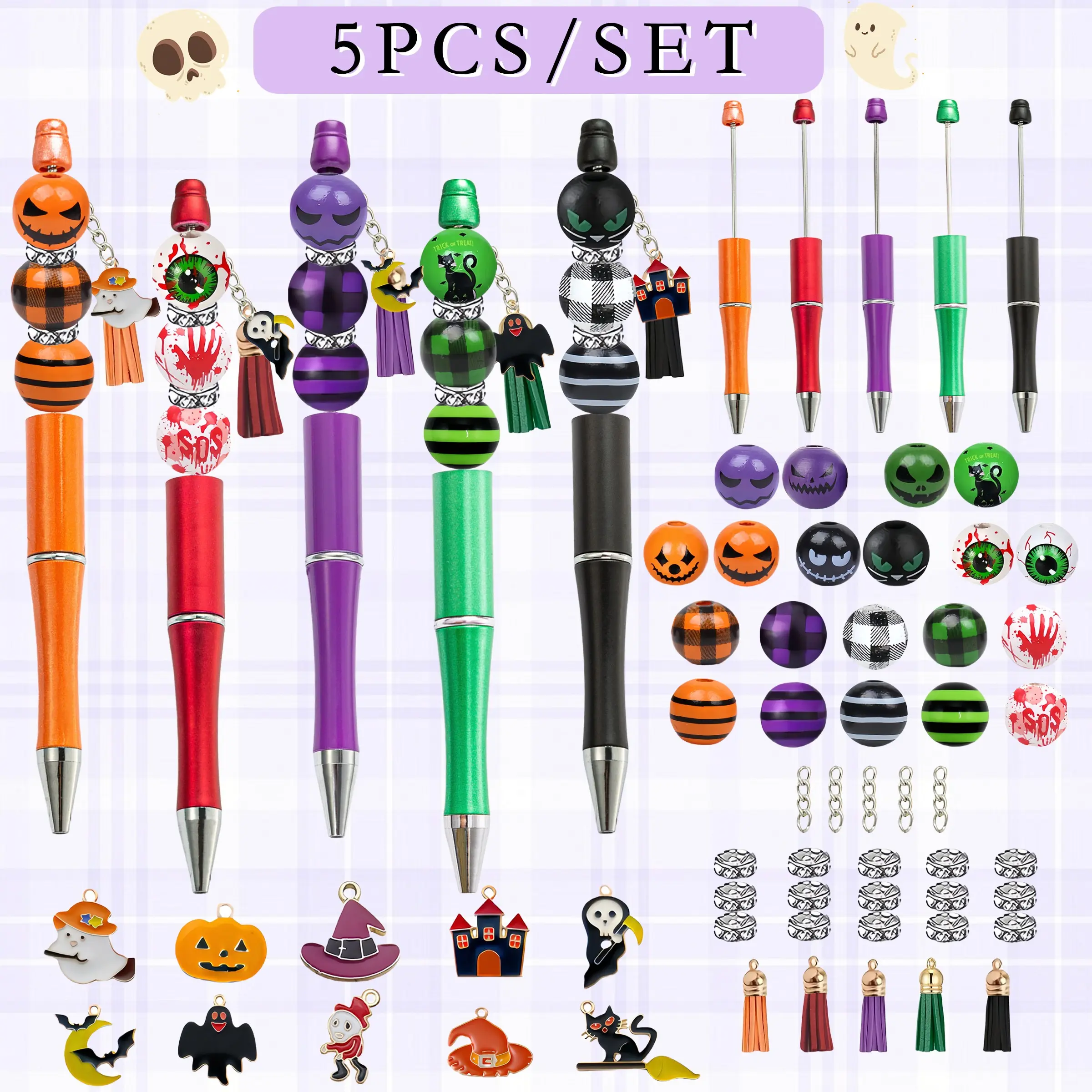 5pcs Halloween Beaded Pen Set, Novelty Pens, Character Beaded Pens, Ghost Face, Phantom Wood Beads, Includes All Accessories and Beads, Gift Box Packaging, Perfect for Friends and Family