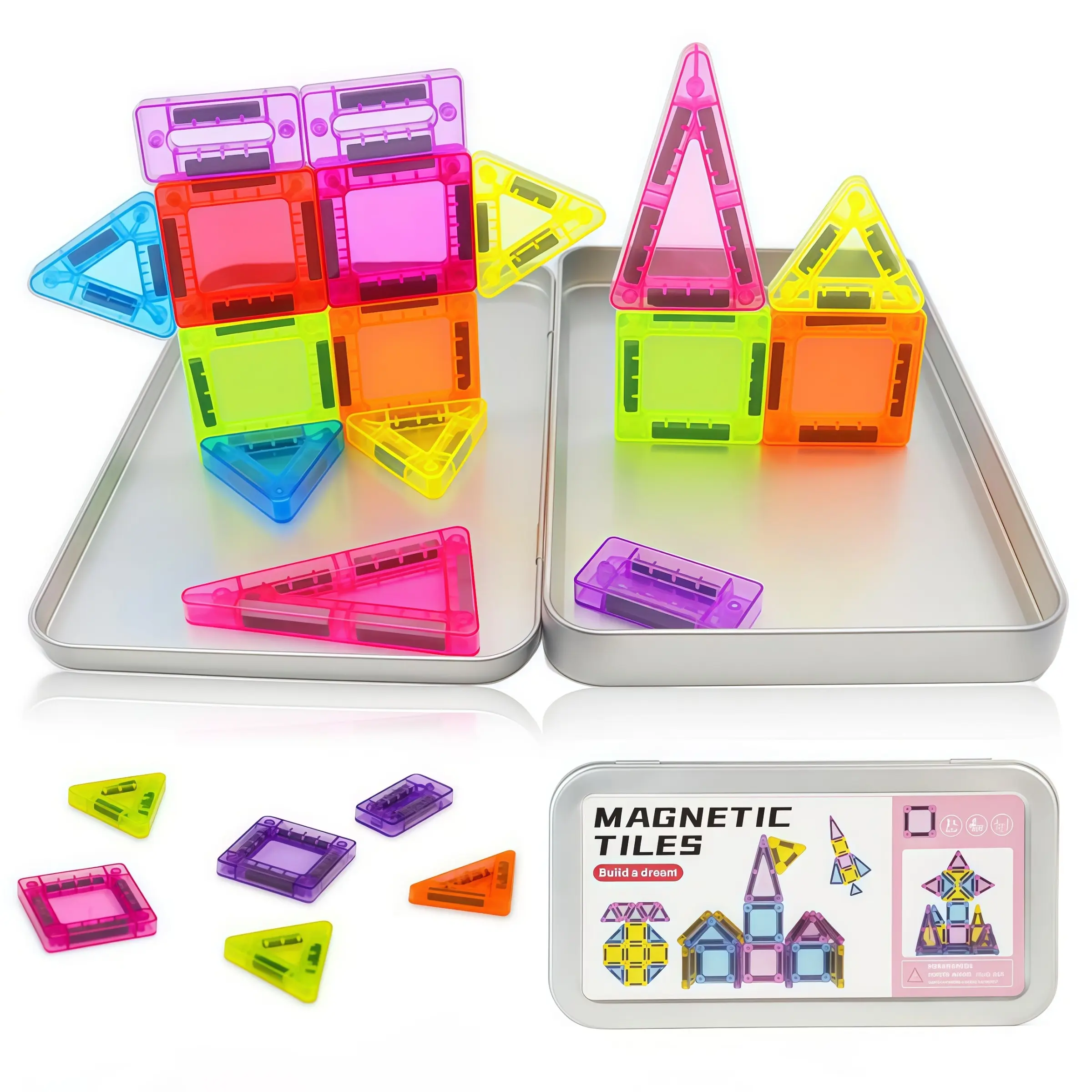 2027 Mini Magnetic Building Blocks, 42 Pieces - Montessori Education Magnetic Travel Building Set, with Iron Storage Box, Airplane-Shaped Toy, Suitable as a Birthday Gift for Boys and Girls, and an Essential for Outdoor Camping Trips
