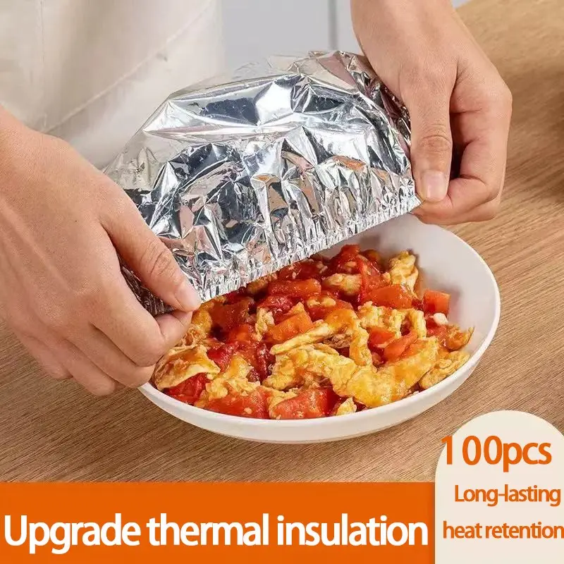 100pcs Disposable Aluminum Foil Food Insulation Covers, Reusable Heat Retention Film, Upgrade Version Hot Food Lid, Elastic Food Insulator for Plates