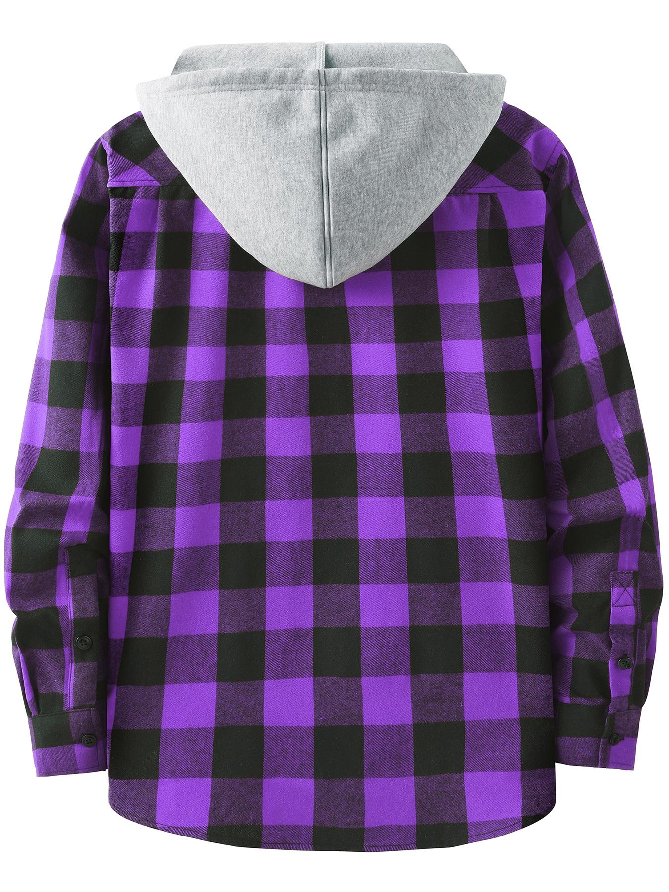 [Plus Size] Plaid Gingham Checkered Patchwork Button Front Hooded Jacket, Casual Streetwear Regular Fit Long Sleeve Drawstring Pocket Outerwear for Fall & Winter, Men's Clothes for Daily Wear Checked Fitted