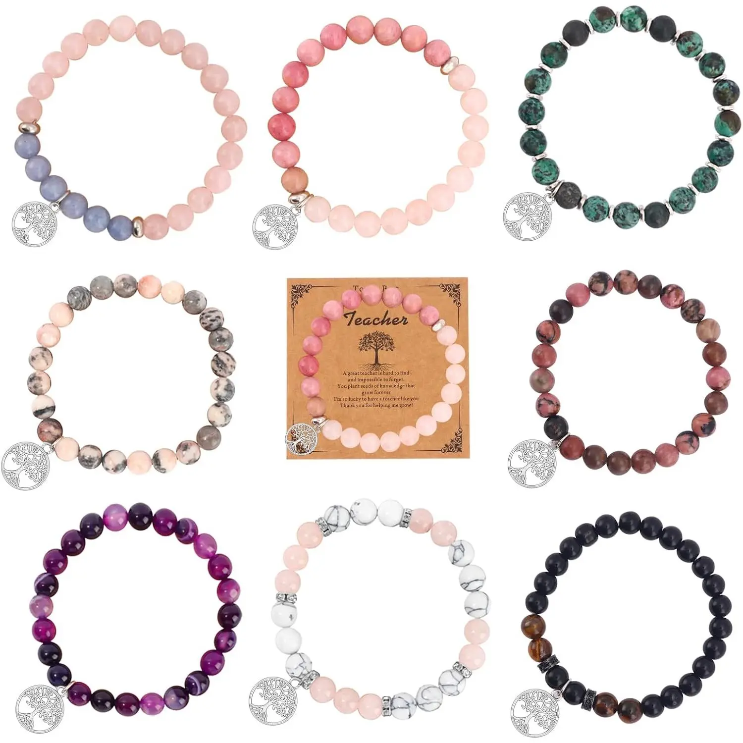 8 count Teacher Appreciation Bracelets,  Stone Elastic Bead Bracelets for Women & Men