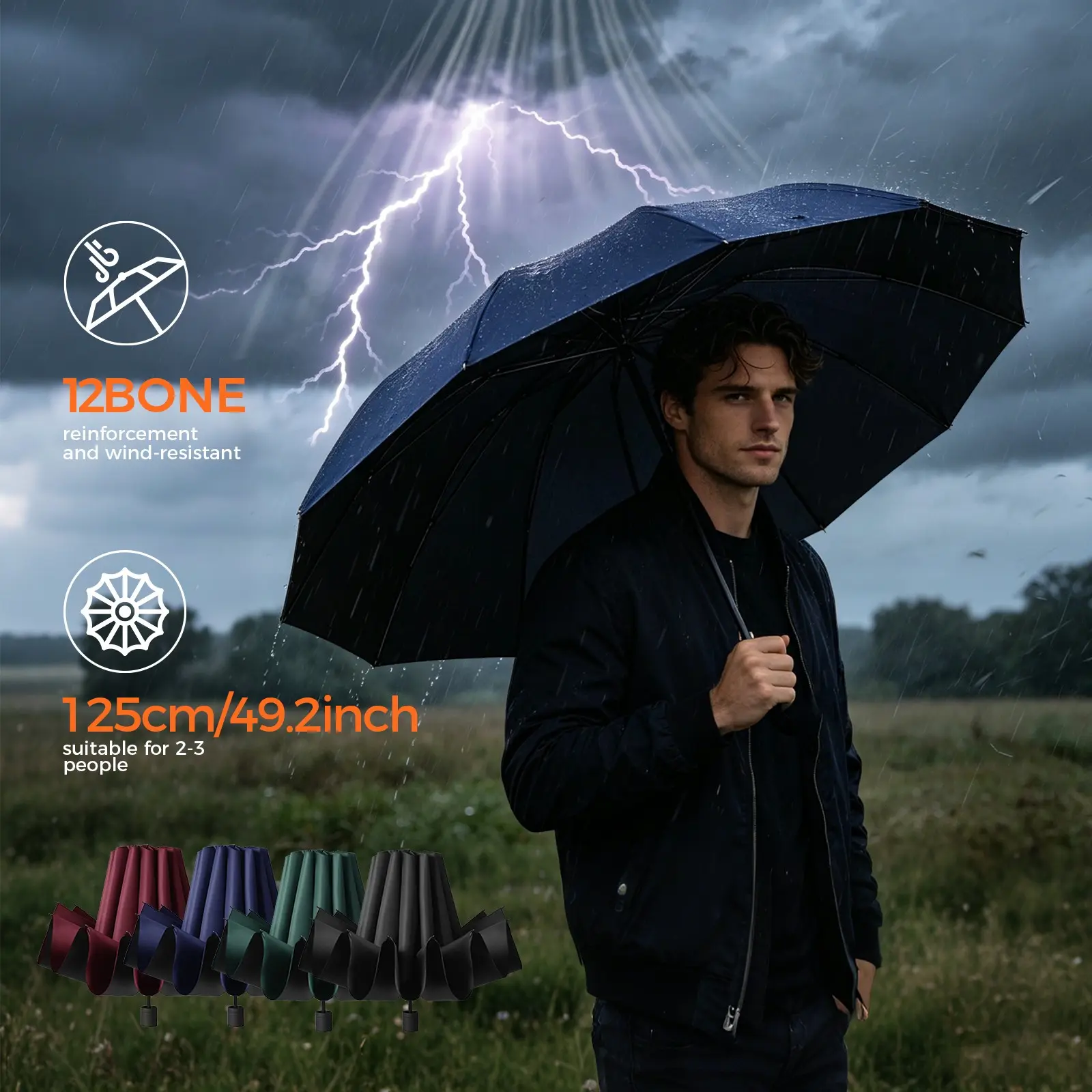 Large 12-Bone Folding Umbrella, Steel Bone Reinforced Design, 4 Colors Available, Manual Open Close, Portable Foldable, Suitable for 2-3 People