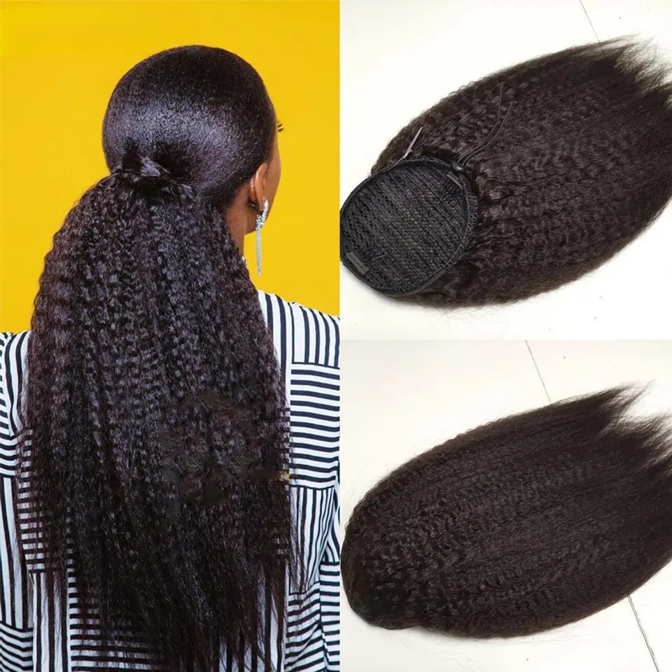 Drawstring Ponytail Extension, Afro Kinky Straight Brazilian Remy Human Hair, Unisex Wrap-Around Hairpiece in Multiple Lengths, Remy Hair, Body Wave, Brazilian Hair