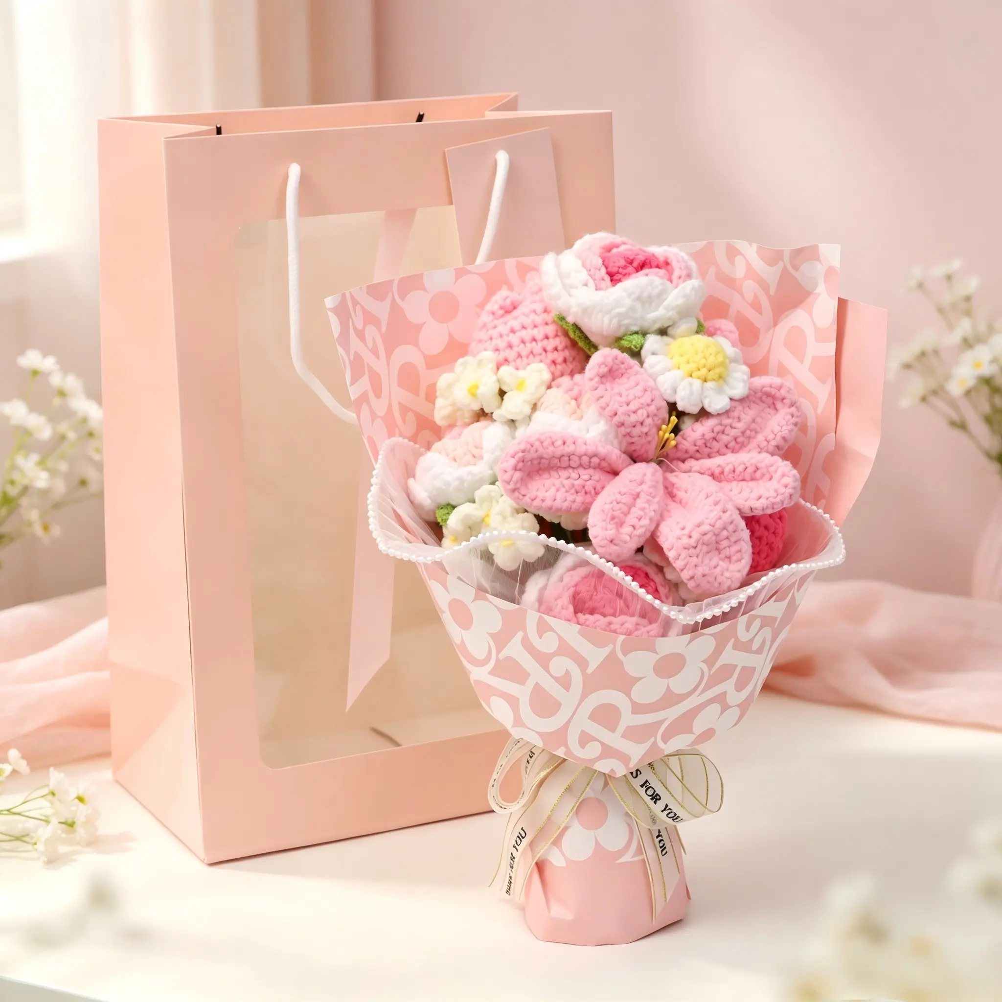 Handmade Mixed Flower Bouquet, Yarn Woven Cherry Blossom Rose Daisy, Preserved Flowers, Birthday Valentine Gift, Floral Arrangement