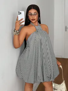 Plus Size Striped Halter Flower Bud Dress, Loose Shoulder Short Dress, Casual Summer, Beach Vacation, Date Night, Chic
