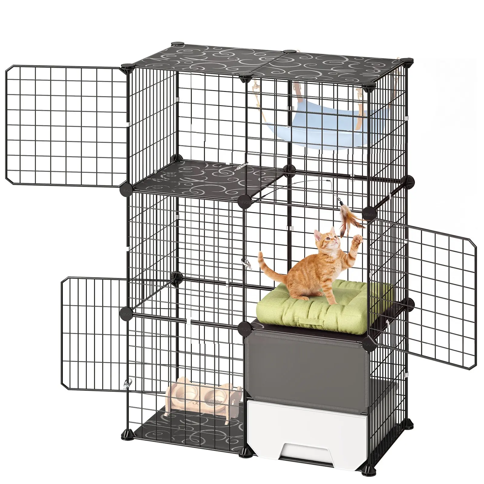 VEVOR Cat Cage 3-Tier 28" x 17.91"x40. 98" DIY Cat Playpen with Litter Box, Indoor Enclosure Detachable Metal Wire Kennel Crate, Large Exercise Place Ideal for 1-2 Cats, Kittens Small Animals, Black
