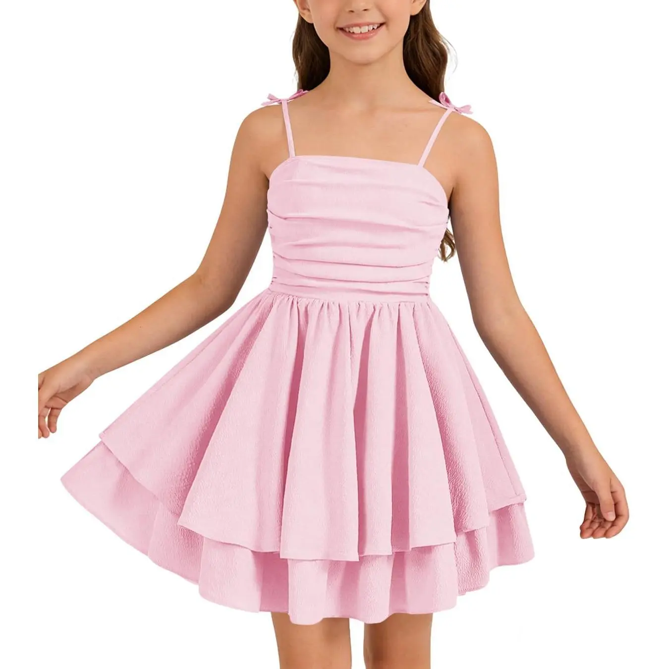 Girls Summer Spaghetti Strap Dress Kids Flowy Tiered Ruched Smocked Back Casual Beach Sundress 5-14Y