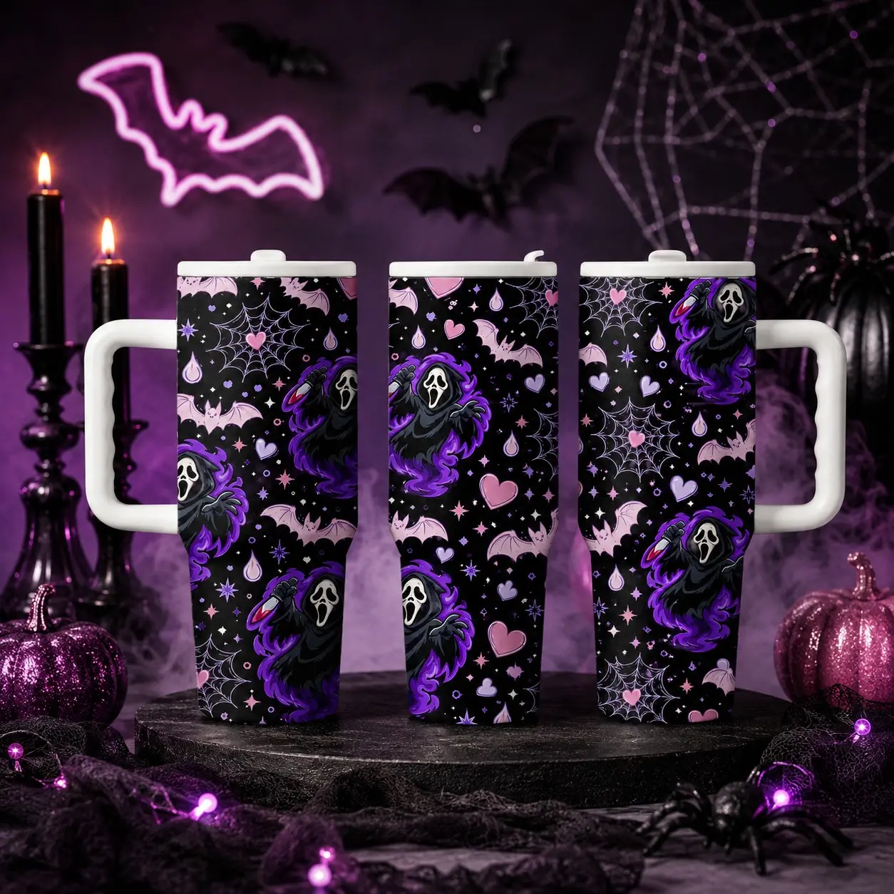 Halloween Tumbler 40oz, Ghost Face Bat Spider Web Cup, Insulated with Handle Lid Straw, Gothic Spooky Drinkware