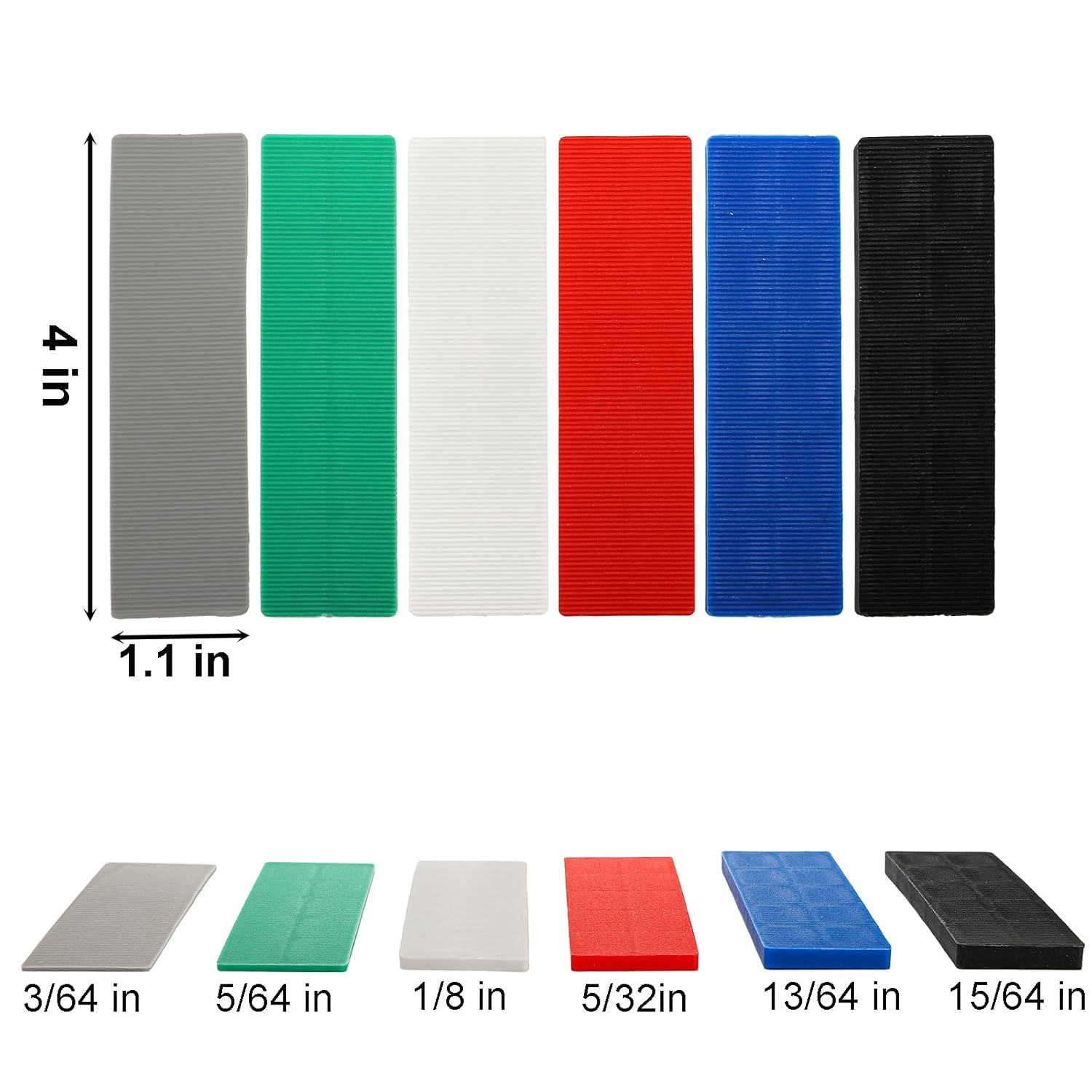 300 count Plastic Flat Shims for Leveling, 6 Size Structural Tile Composite Shims for  Improvement, 3/64, 5/64, 1/8, 5/32, 13/64, 15/64 Inch, Grey, Green, White, Red, Blue, Black