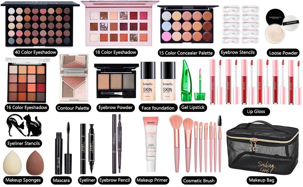 All in One Makeup Kit for Women Full Kit, Make Up Gift Set for Women, Makeup Essential Bundle Includes Foundation Face Primer Eyeshadow Contour Palette Lipstick Eyeliner Mascara Cosmetic Brush Set