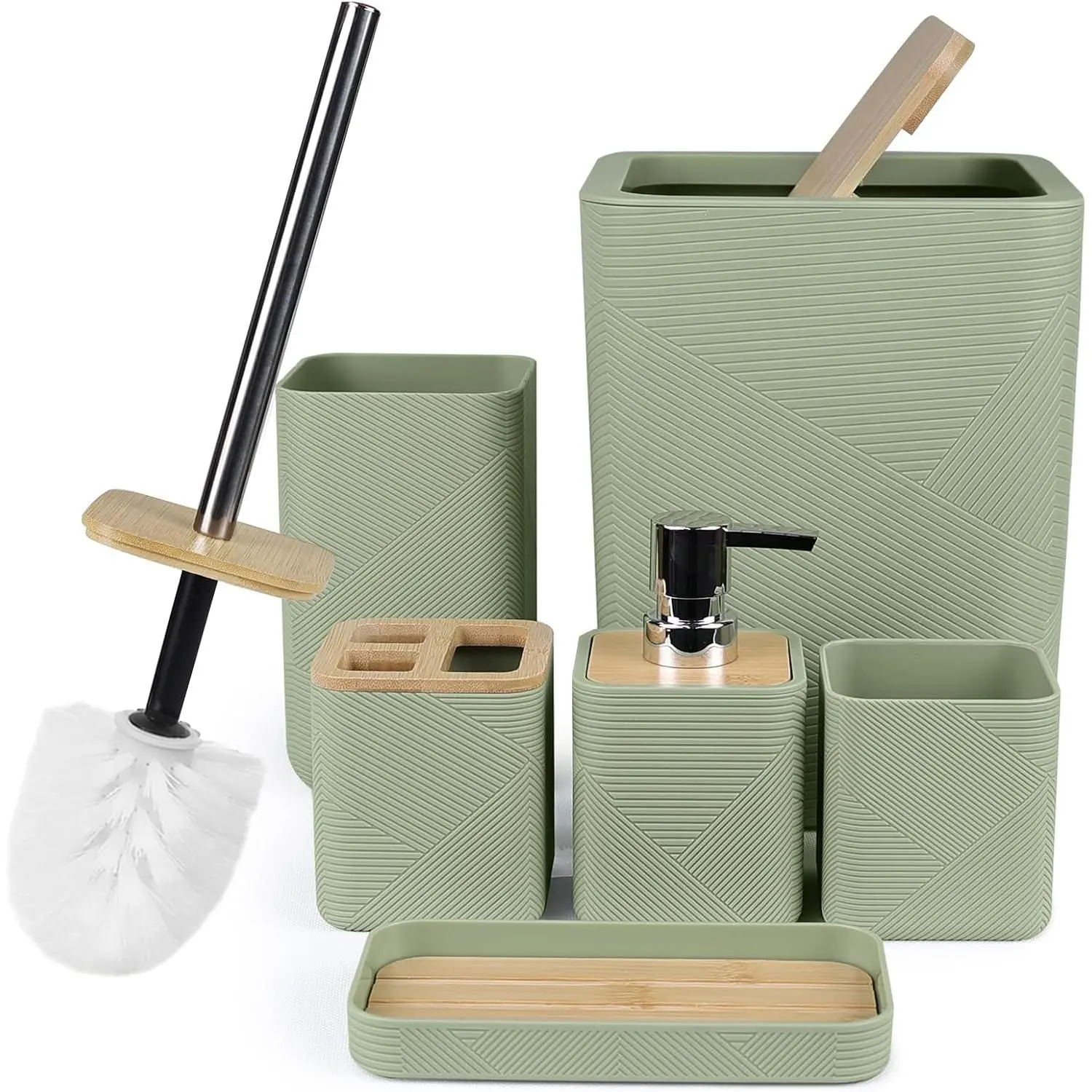 Bamboo Bathroom Accessories Set 6 Piece Square Spiral Set,Green | Includes Soap Dispenser, Toothbrush Holder, Toothbrush Cup, Soap Dish for Decorative Countertop and Housewarming Gift