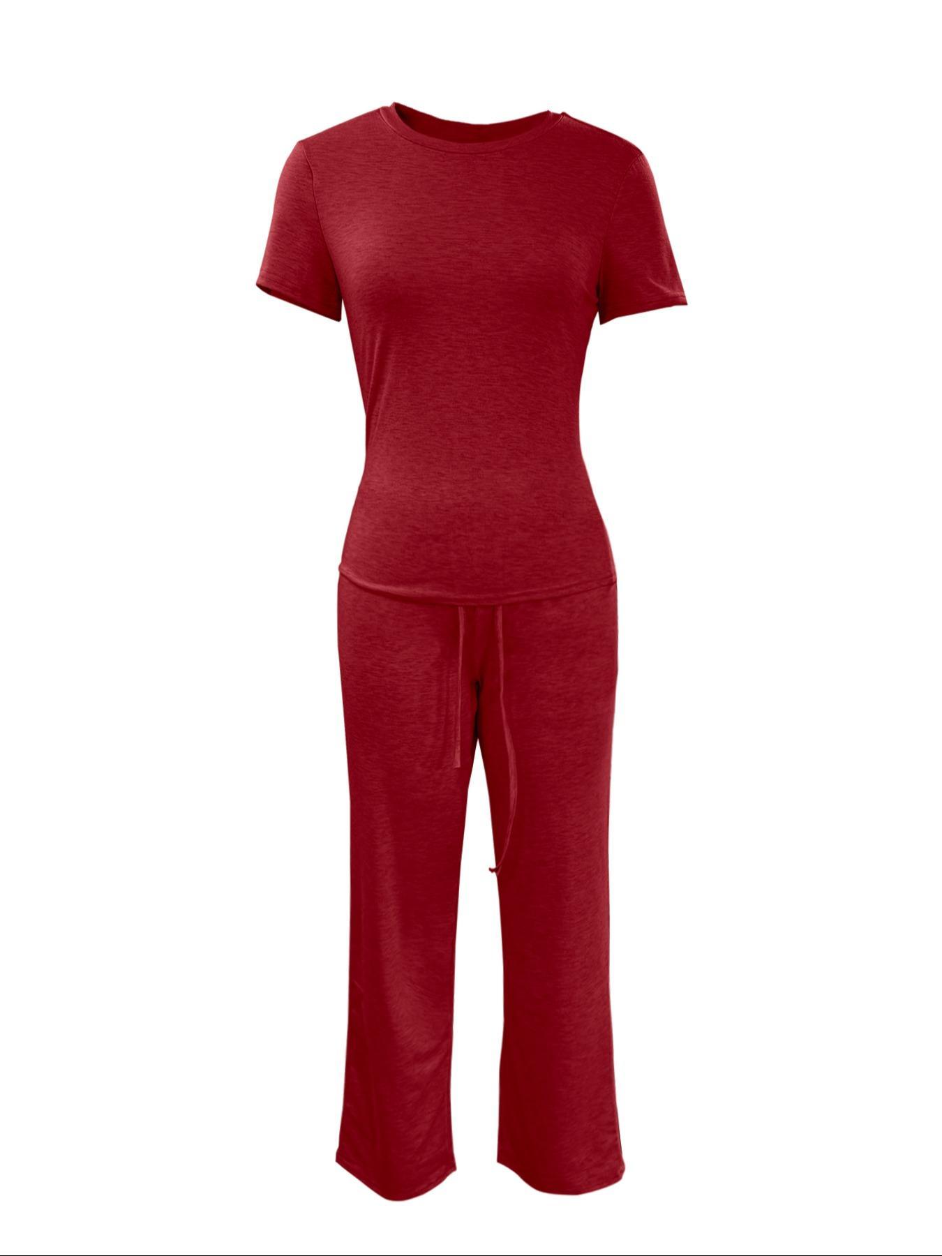 Women's Short Sleeve Top Long Pants Drawstring Casual Set, Fitted Knit Solid Color No Pocket Set, Elegant Style Summer